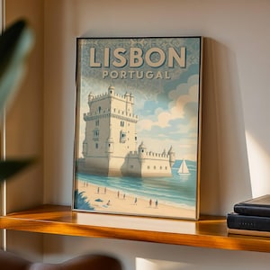 Lisbon Travel Poster Fine Art Print, Belém Tower Coastal Scene, Portugal Decor, Historic Landmark Wall Art, Ocean Serenity Print, European