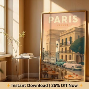 Paris Travel Poster Digital Download, Arc de Triomphe Café Scene, French Wall Art Print, Retro Paris Decor, Parisian Cafe Print, Wall Poster