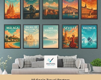 Vintage Spain Travel Poster Set – 10 Digital Prints | Barcelona, Madrid, Seville, Valencia & More | Retro Wall Art Bundle (Digital Download)