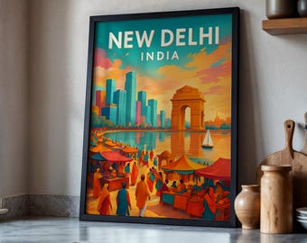 Framed New Delhi Travel Poster: Vibrant India Gate Wall Art