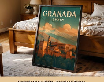 Granada Spain Travel Poster: Alhambra Palace Vintage Art (Digital Download)