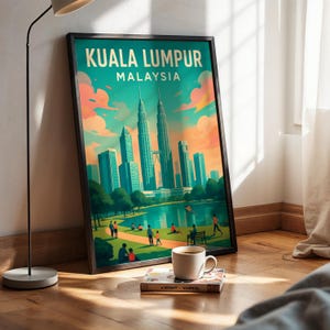Framed Kuala Lumpur Travel Poster Wall Art, Malaysia City Print, Petronas Towers Artwork, Southeast Asian Home Decor, Travelers Gift