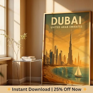 Dubai Travel Poster, Burj Khalifa Printable Wall Art, UAE Cityscape Download, Desert Sunset Decor, Digital Travel Print