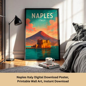 Naples Italy Travel Poster Digital Download – Mount Vesuvius & Castel dell’Ovo Wall Art – Retro Italy Print – Instant Download