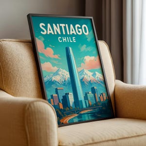 Framed Santiago Travel Poster, Chile Wall Art, Andes Mountains City Print, Latin America Retro Decor, Framed Print, South America Cityscape