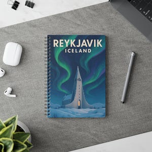 Reykjavik Notebook, Northern Lights Hallgrímskirkja A5 Spiral Travel Journal, Daily Planner, Iceland Art Scene, Artistic Notebook