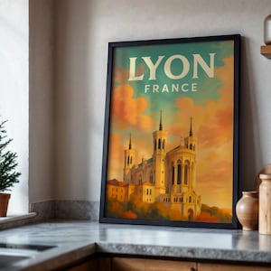 Framed Vintage Lyon France Travel Poster - Basilica of Notre-Dame de Fourvière Framed Poster, French Wall Art, European Print, French Charm