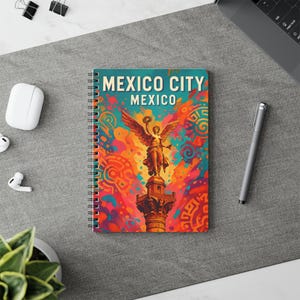 Mexico City Notebook, A5 Spiral Travel Journal, Angel of Independence and Aztec Design, Daily Planner, Artistic Notebook, Travel Planner