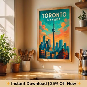 Toronto Travel Poster, CN Tower Wall Art, Canada Digital Download, Printable City Skyline Decor, Modern Retro Print, Canada poster