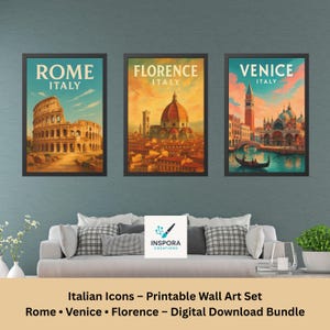 Ensemble d&#39;affiches de voyage icônes italiennes - art mural numérique Rome, Venise et Florence - estampes vintage de la ville de l&#39;Italie pour téléchargement immédiat, décoration imprimable
