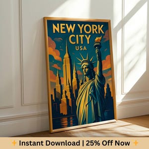 New York City Travel Poster, Statue of Liberty Wall Art, Manhattan Skyline Print, Digital Download, USA Skyline Decor, NYC Print