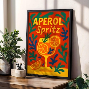 Plakat cyfrowy Aperol Spritz, wydruk koktajlowy na wózek barowy, styl Matisse'a, sztuka ścienna w stylu Funky, natychmiastowe pobranie, dekoracja regału