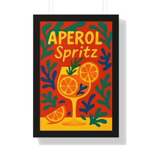 Gerahmtes vertikales Poster, Aperol Spritz Cocktail Wandkunst, Matisse inspirierte Wohnkultur, Küchenecke Kunstdruck, Geschenk für Mixologen, orange