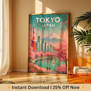 Tokyo Travel Poster, Cherry Blossom Japan Print, Mount Fuji Wall Art, Tokyo Tower Digital Download, Tokyo Wall Art, Japan City Poster