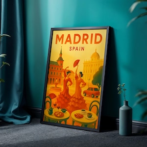 Framed Madrid Travel Poster Wall Art, Spain Flamenco Dancers Café Print - Home Decor, Travel Gift, Spanish Culture Artwork, Plaza Mayor Art