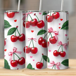 Kirsche Valentine Tumbler Wrap PNG, rosa Schleife 20 Unzen Skinny Sublimationsdesign, romantische Herzen, süßes Frucht Liebesthema, sofortiger digitaler Download