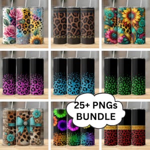 May include: A collection of stainless steel tumblers with various designs. The designs include floral patterns, leopard print, and a sunflower. The tumblers have black lids and straws. The image also includes text that says "25+ PNGs BUNDLE".