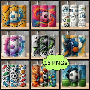 May include: A selection of 590 ml stainless steel tumblers featuring soccer designs. The designs include soccer balls, abstract art, and text such as "Soccer Love" and "Soccer Life". The tumblers are decorated with vibrant colours and graphics.