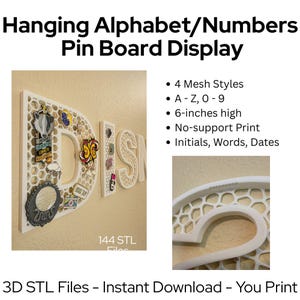 May include: White, honeycomb-patterned letter "D" pin board, 6-inches high, displaying pins. The word "DESIGN" is spelled out with similar letters. The image also shows a close-up of the honeycomb pattern and text that reads "Hanging Alphabet/Numbers Pin Board Display".