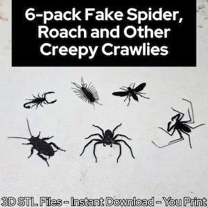 Peut inclure: Un lot de 6 faux insectes en plastique noir, comprenant des araignées, des cafards et d'autres créatures effrayantes. L'image comprend un scorpion, un mille-pattes, une mouche, un cafard, une araignée et une autre araignée. Le texte indique : "6-pack Fake Spider, Roach and Other Creepy Crawlies".