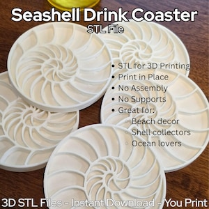 May include: Off-white seashell-shaped drink coasters. The coasters are designed with a spiral pattern, resembling a nautilus shell. The image includes text that says "Seashell Drink Coaster" and "STL File". The coasters are designed for 3D printing.