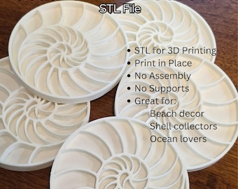Muschel-Getränkeuntersetzer STL-Datei - Nautilus 3D-Druck, keine Stützen, Küstendekoration, Strandliebhaber Geschenk