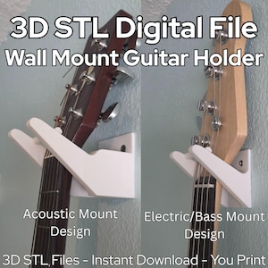 May include: Acoustic and electric guitar wall mount holder design. The white holders are mounted on a light blue wall, showcasing the guitar's headstock and neck. Text on the image reads "3D STL Digital File Wall Mount Guitar Holder".
