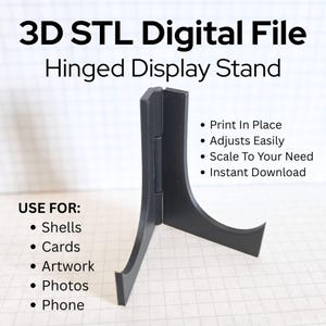 STL 3D Model: Hinged Display Stand – Print-in-Place, Instant Digital Download, Foldable Easel Holder for Shells, Photos and more