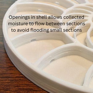 Puede incluir: Un objeto circular blanco con un dise&ntilde;o en forma de concha. El objeto tiene m&uacute;ltiples secciones y aberturas. El texto en el objeto dice: "Openings in shell allows collected moisture to flow between sections to avoid flooding small sections."
