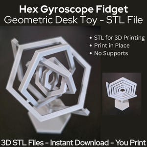 Puede incluir: Un juguete de escritorio geométrico Hex Gyroscope Fidget blanco. El diseño presenta formas hexagonales entrelazadas. El texto de la imagen dice: "STL para impresión 3D", "Imprimir en su lugar" y "Sin soportes". La parte inferior de la imagen dice: "Archivos STL 3D - Descarga instantánea - Usted imprime".