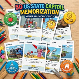 May include: A set of 50 US State Capital Memorisation visual mnemonic cards featuring colourful cartoon illustrations and text to help learn state capitals. The cards include various educational scenes with captions explaining the mnemonic devices used for each state.