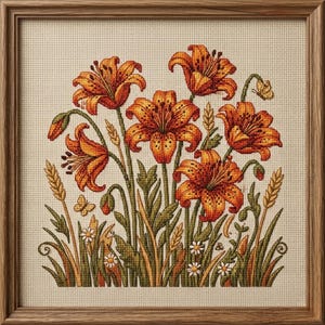 May include: Cross-stitch artwork of orange tiger lilies with green stems and leaves, wheat stalks, and small white daisies. Two yellow butterflies are also included in the design. The artwork is framed in a light brown wooden frame.