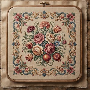 Peut inclure: Broderie au point de croix finie, représentant un motif floral. L'œuvre présente un bouquet de roses, tulipes et grenades dans des tons de rose, rouge et crème, encadré d'une bordure décorative. La broderie est fixée dans un cercle en bois, posée sur un tissu beige.