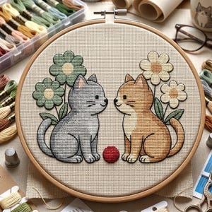 May include: Cross-stitch embroidery hoop featuring two cartoon cats facing each other, with flowers and a red ball of yarn. The cats are gray and orange, set against a beige fabric background, within a wooden hoop.
