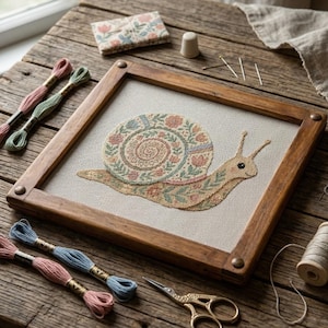 May include: A square wooden embroidery frame containing a needlepoint design of a snail with a floral patterned shell in shades of pink, green, and blue. The snail has a tan body with leaf motifs. Embroidery floss, a thimble, and scissors are nearby.