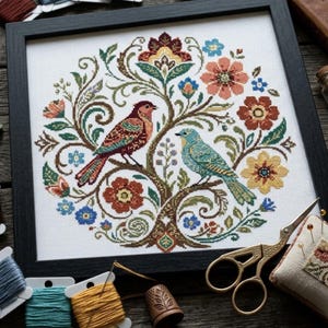 May include: A framed cross-stitch embroidery featuring two birds perched on a stylized tree surrounded by colorful flowers and foliage in shades of red, blue, yellow, and green on a white fabric background, presented in a black square frame.