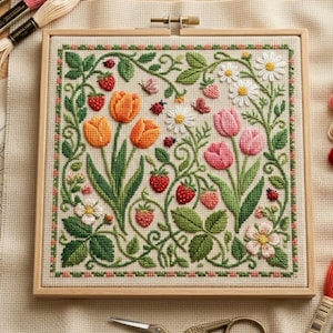 Op de afbeelding: Een ingelijste kruissteekborduurwerk met een bloemenontwerp. Het kunstwerk toont oranje en roze tulpen, aardbeien, madeliefjes en groene bladeren. Kleine lieveheersbeestjes en vlinders zijn ook inbegrepen. De borduursel zit in een houten frame.