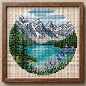 May include: Cross-stitch landscape art in a wooden frame. The circular design features snow-capped mountains, a turquoise lake, green trees, and purple and pink flowers under a blue sky with clouds. The artwork is on a beige fabric.