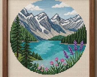 Mountain Lake Landscape Cross Stitch Pattern, Alpine Nature Scene, Forest Wildflowers (PDF)