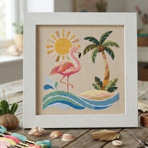 Tropical Flamingo Beach Cross Stitch Pattern | Summer Island Scene (PDF Design)