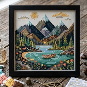May include: A framed cross-stitch embroidery depicting a mountain landscape with a lake, a small boat, pine trees, and a deer. The scene features a yellow sun, clouds, and colorful flowers in the foreground, all rendered in detailed thread work.