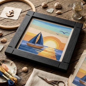 Sunset Sailboat Cross Stitch Pattern | Coastal Seascape Landscape (PDF Download)