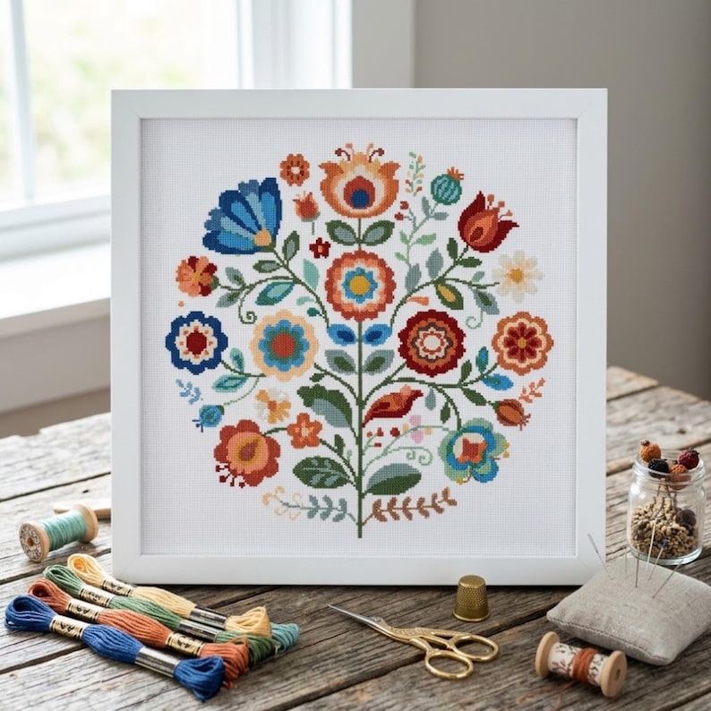 May include: A square white frame containing a cross-stitch embroidery of a symmetrical floral arrangement. The design features stylized flowers in shades of red, orange, blue, and green on a white fabric background, centered within the frame.