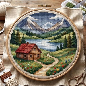 Könnte beinhalten: Kreuzstich-Stickerei einer Berglandschaft mit See, Hütte und Pfad. Die Szene ist in einem Holzrahmen gefasst. Die Hütte hat ein rotes Dach, und die Berge sind im Hintergrund. Die Stickerei befindet sich auf einem beigen Stoff.
