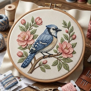 以下が含まれることがあります： 木製の刺繍枠に収められた、青い鳥がピンクの花と緑の葉の枝に止まっているクロスステッチ刺繍。糸やハサミなどの手芸用品も見える。刺繍枠の直径は約20cm。