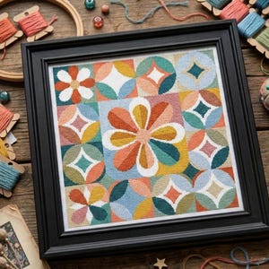 Mid-Century Modern Floral Cross Stitch Pattern | Retro Geometric Sampler (PDF Download)