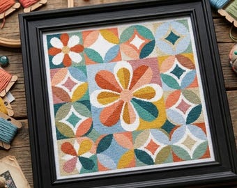 Mid-Century Modern Floral Cross Stitch Pattern | Retro Geometric Sampler (PDF Download)