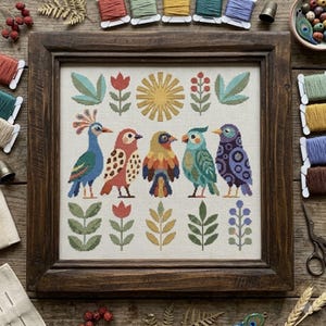 Scandinavian Folk Birds Cross Stitch Pattern, Nordic Botanical Sampler (PDF Download)