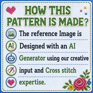 May include: A square fabric sign with a light blue background and a stitched border. The text reads: HOW THIS PATTERN IS MADE? The reference Image is Designed with an AI Generator using our creative input and Cross stitch expertise. Includes icons.