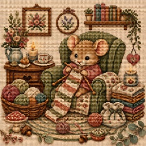 Op de afbeelding: Kruissteekafbeelding van een gezellige scène. Een muis in een roze trui breit een gestreepte sjaal terwijl ze in een groene fauteuil zit. Een mand met garen, een bijzettafel met een kaars en een kopje thee en ingelijste kunstwerken maken de scène compleet. Het kleurenpalet omvat bruin, groen en roze.
